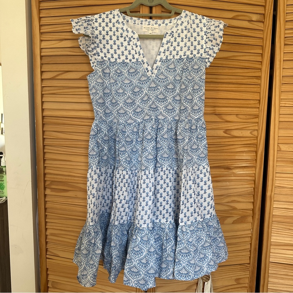NWT Erica Wilson Brianna shell diti blue Floral Dress XS 100% Cotton